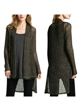 Eileen Fisher black brown metallic sparkle open knit tunic cardigan XL